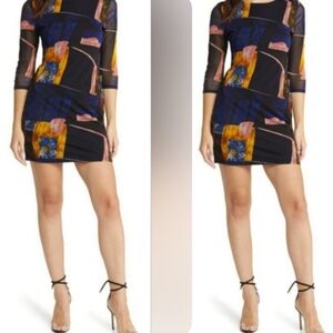 OPEN EDIT Size X-Small Navy Abstract Art Print Sheer Sleeve Mesh Mini Dress NWT